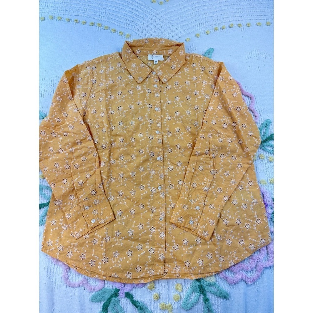 Candace Cameron Bure Yellow Floral Eyelet Cotton Button Down Shirt MP A603591 - Picture 1 of 9